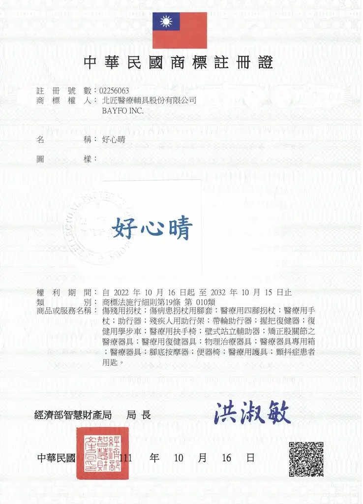 好心晴商標註冊證